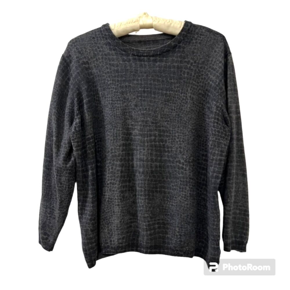 Womens Charcoal Gray Crocodile Animal Print Crewneck Pullover Sweater L